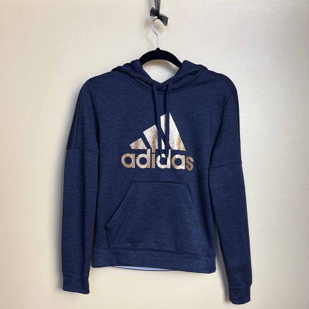 Adidas Woman's Dark Blue Hoodie with Gold Logo